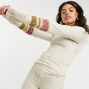 NWT Free People Cream Top with Multicolor Sleeves